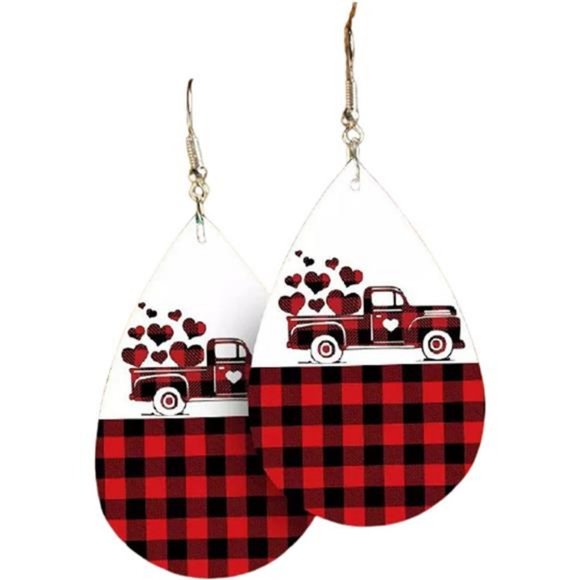 Heart Earrings Red Buffalo Plaid Truck Dangle Drop Dangling Valentines Jewelry - Picture 1 of 4